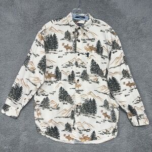 VTG Chaps Ralph Lauren Shirt Mens Sz L Cream Button Down Wildlife Moose Wolf AOP